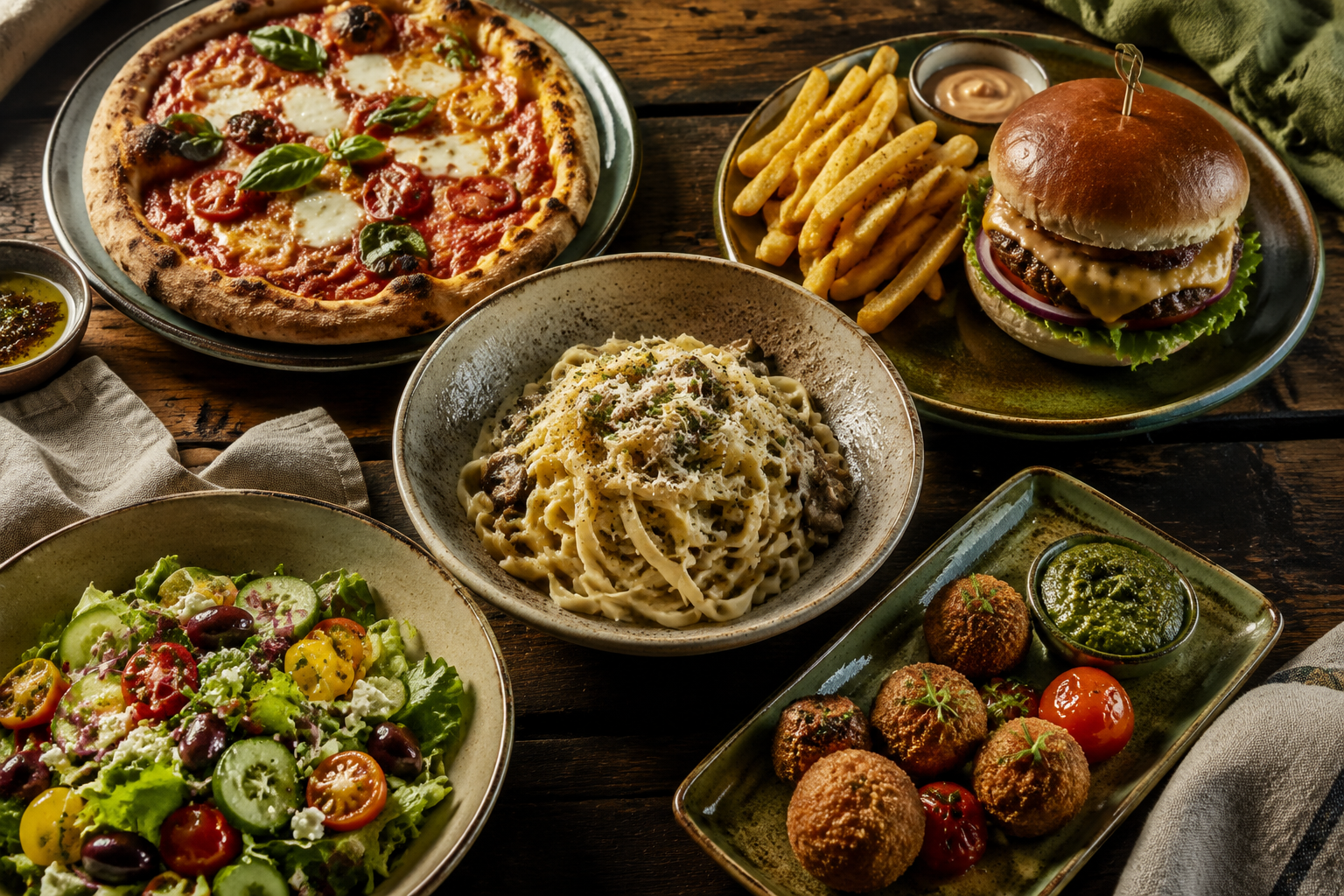 Auswahl aus Pizza, Pasta, Burger, Salat und Fingerfood
