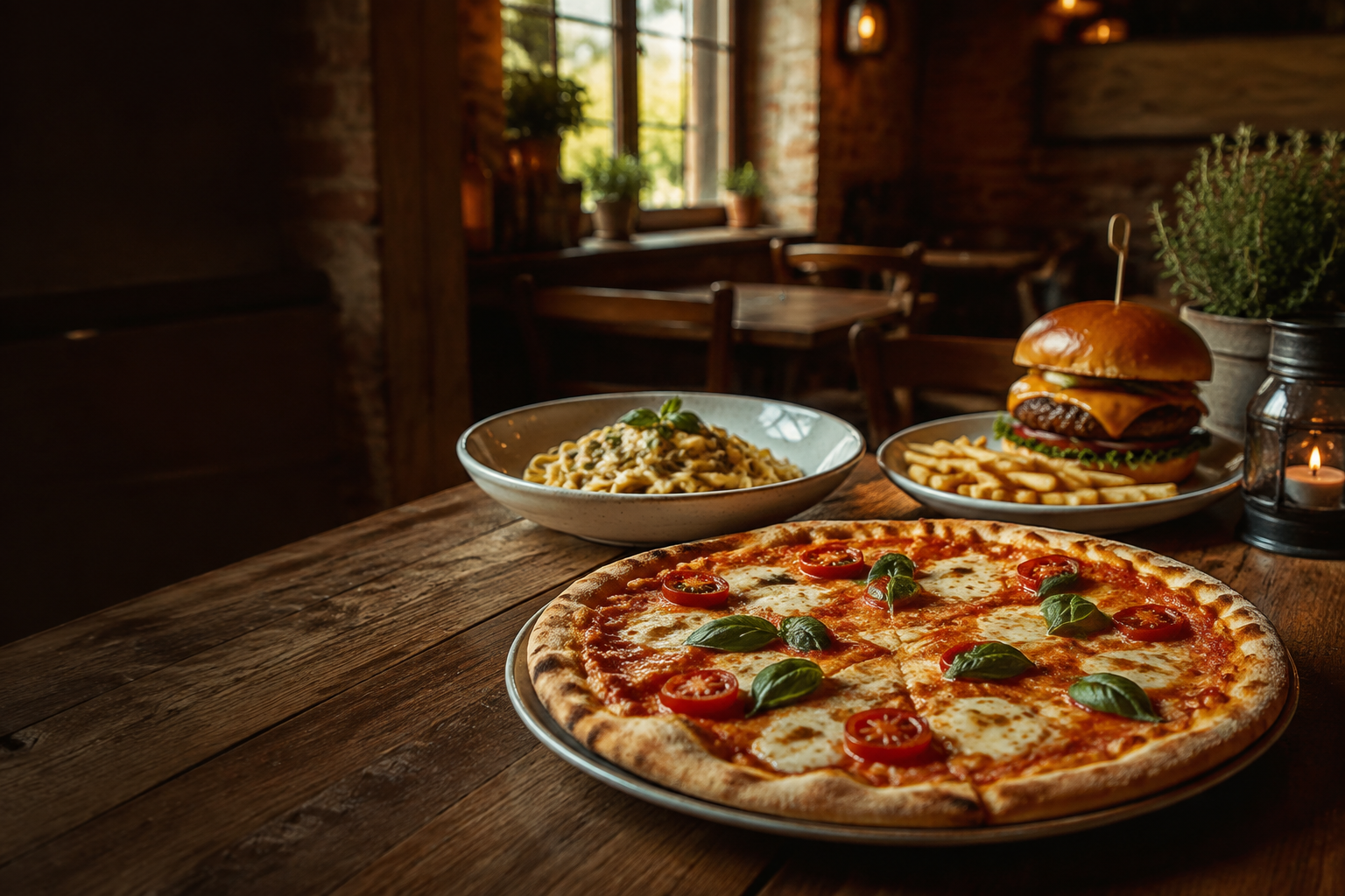 Pizza, Pasta und Burger auf einem rustikalen Holztisch